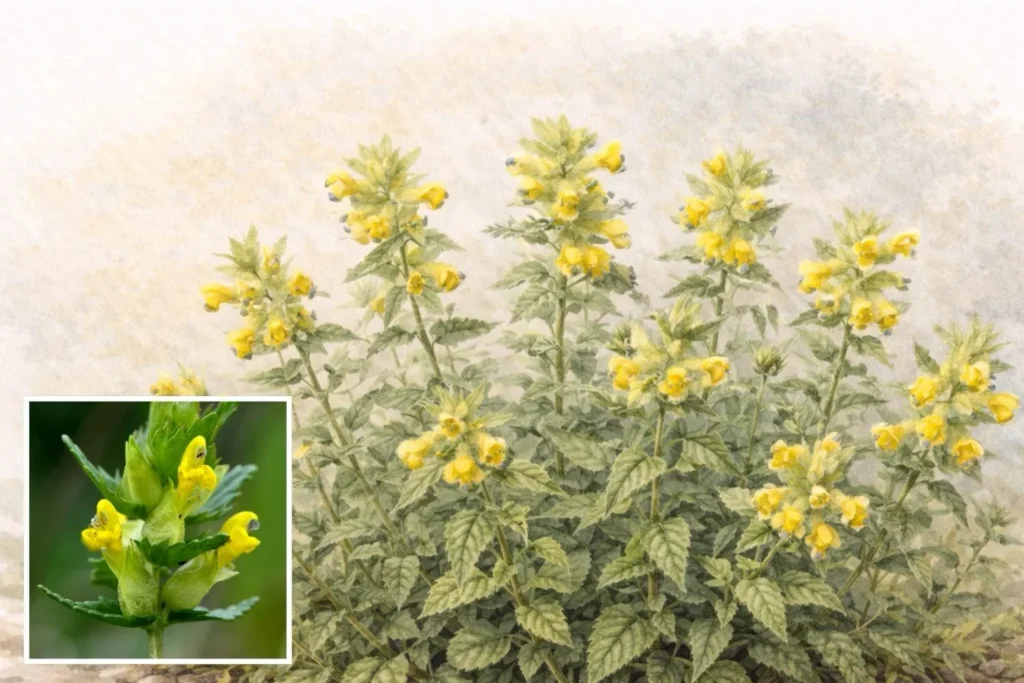 Illustration und Foto des Kleinen Klappertopfs (Rhinanthus minor) mit gelben Blüten