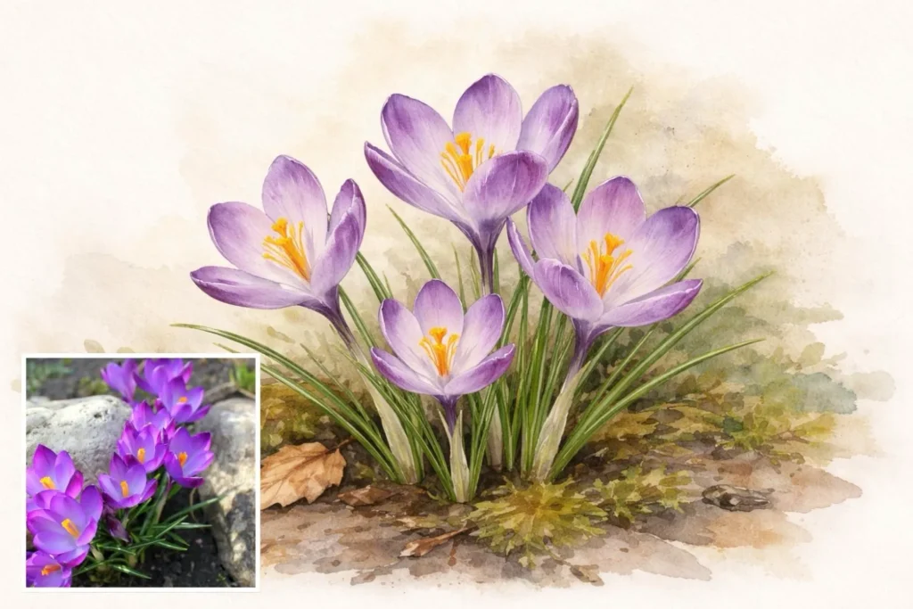Illustration und Foto eines Frühlings-Krokus (Crocus vernus) mit violetten Blüten als frühe Nahrungsquelle für Wildbienen