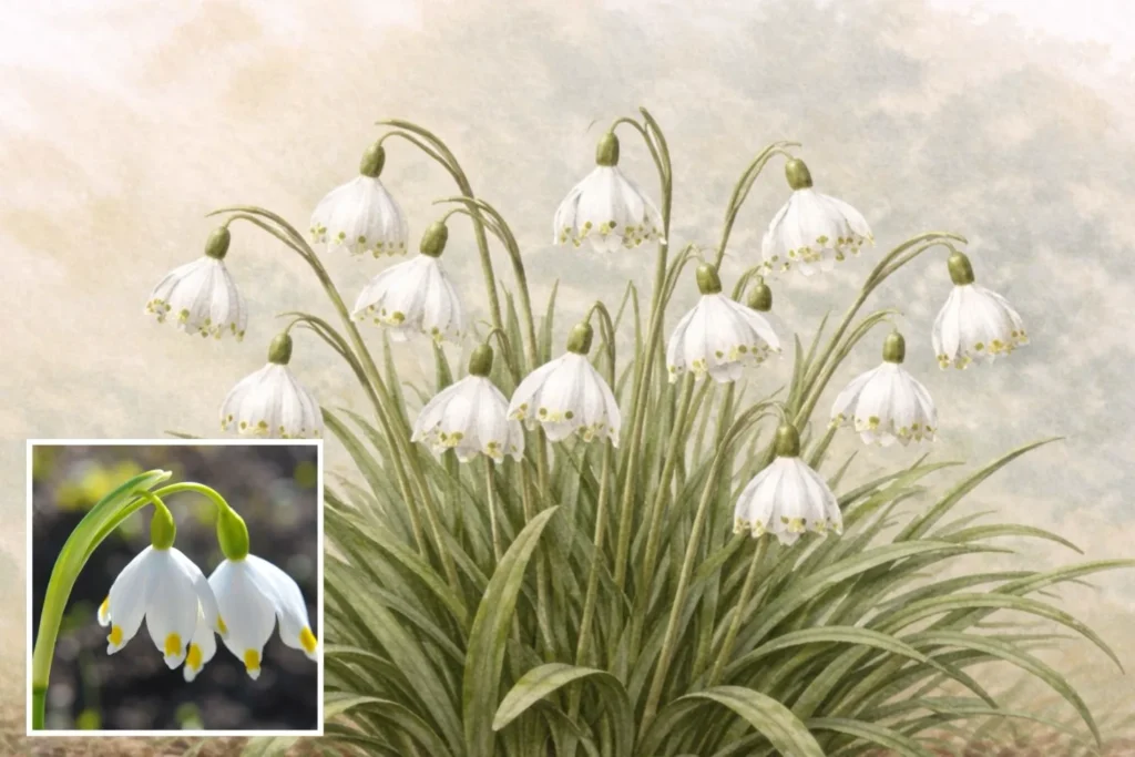 Aquarell-Illustration eines Märzenbechers mit weißen Blüten und gelbgrünen Spitzen im schattigen Standort.