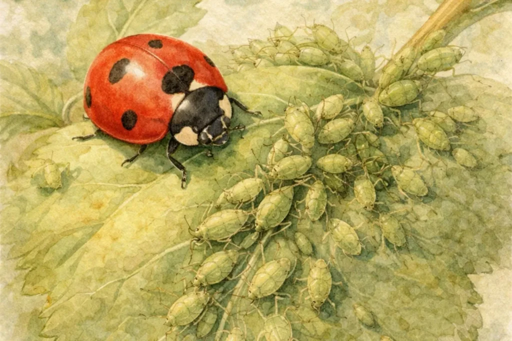 Marienkäfer als natürlicher Fressfeind sitzt neben einer Blattlauskolonie auf einem Blatt