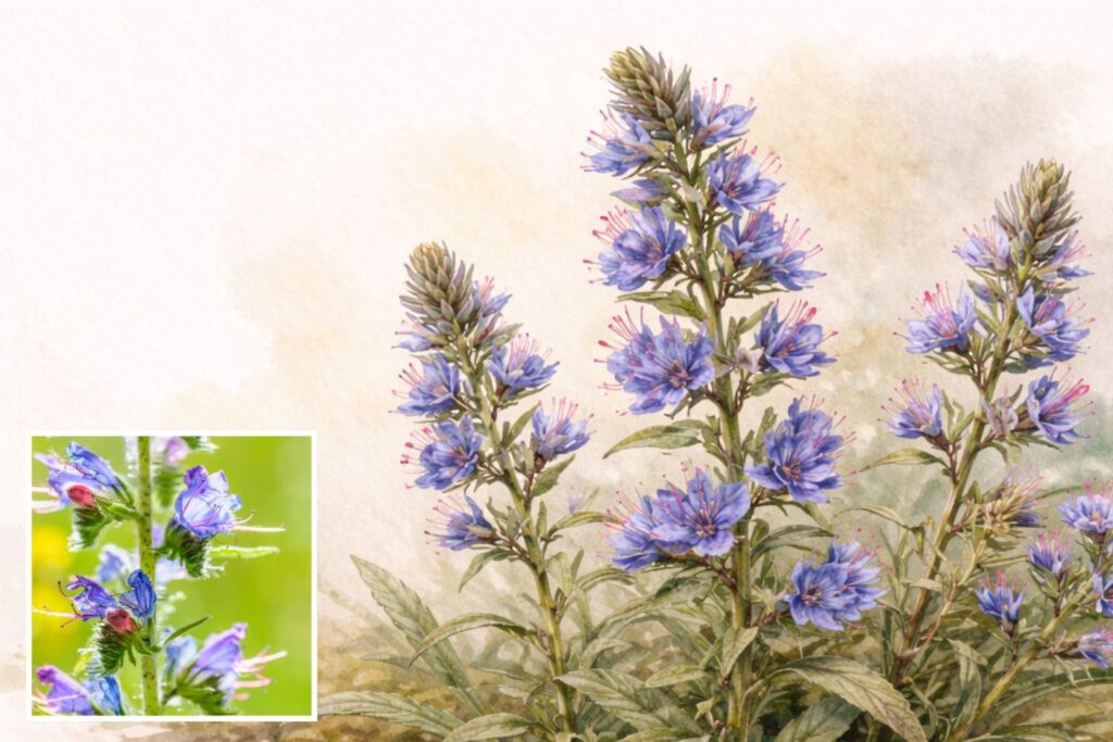 Illustration und Foto von Natternkopf (Echium vulgare) mit blauen Blüten auf sonnigem Standort