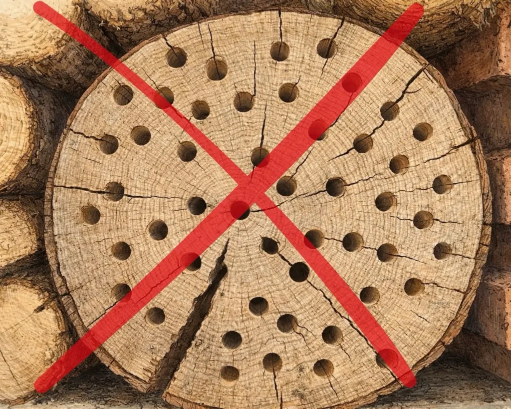 Illustration einer Baumscheibe mit gebohrten Nistgängen im Hirnholz für Wildbienen