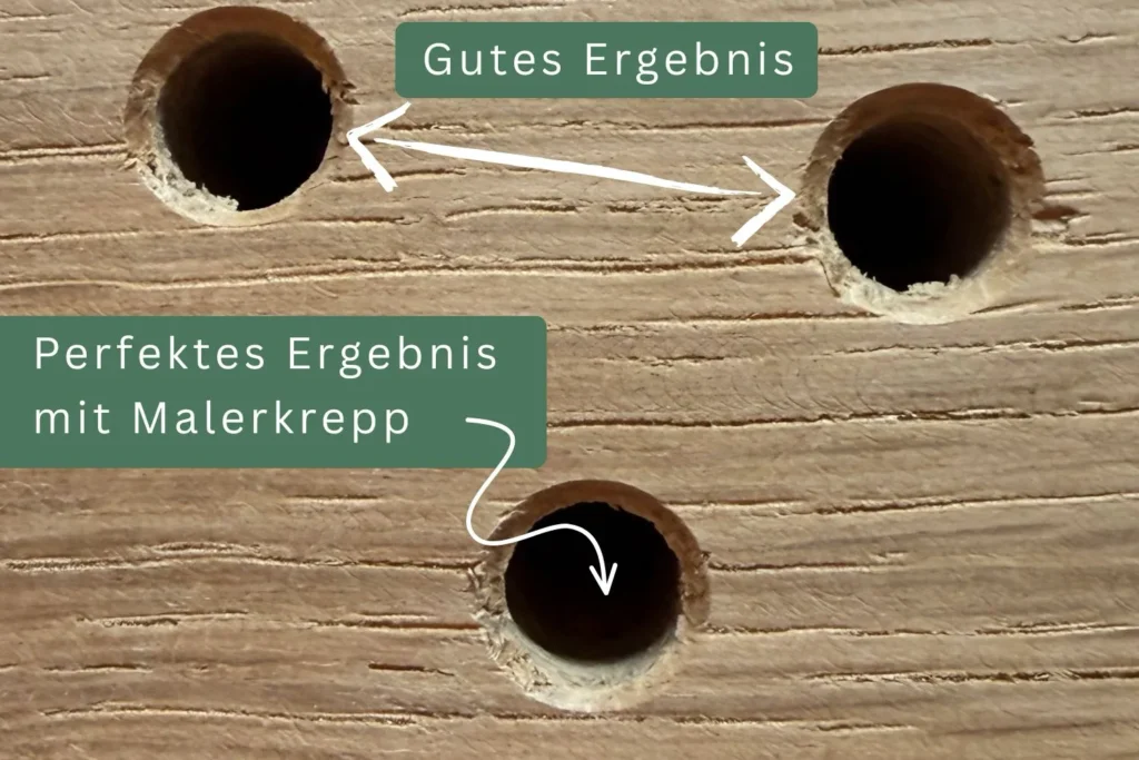 Vergleich von Bohrlöchern in Hartholz: sauberes Ergebnis und nahezu splitterfreier Nistgang durch Bohren mit Malerkrepp