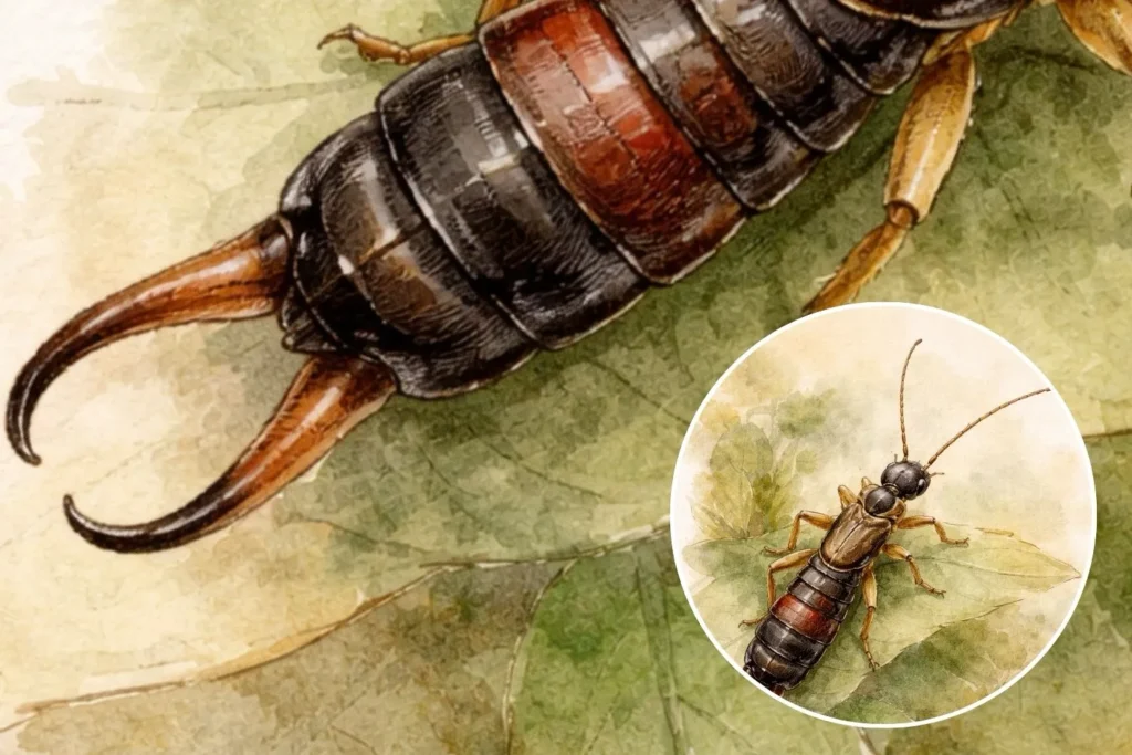 Illustration eines Ohrwurms im sanften Aquarell-Stil auf einem grünen Blatt, natürliche Farben und ruhiger Hintergrund