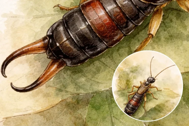 Sind Ohrwürmer nützlich oder schädlich? Illustration eines Ohrwurms im sanften Aquarell-Stil auf einem grünen Blatt, natürliche Farben und ruhiger Hintergrund