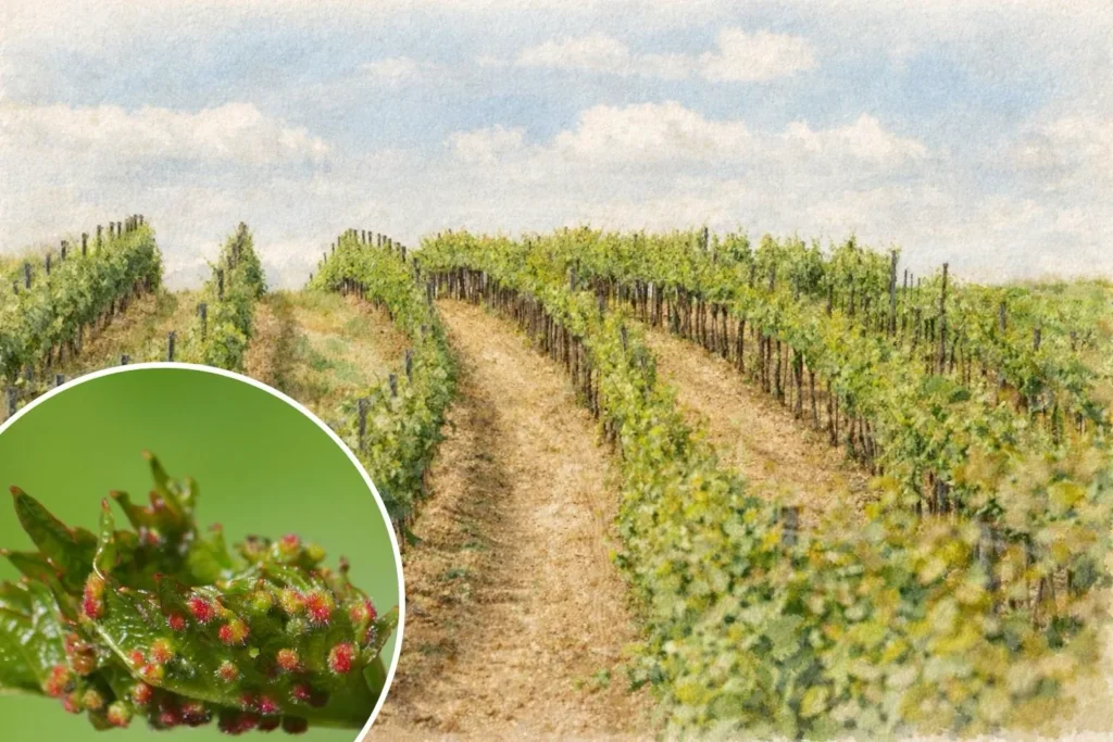 Weinberg als Symbol für Weinbau, dazu Detailansicht einer Blattlaus an der Rebe