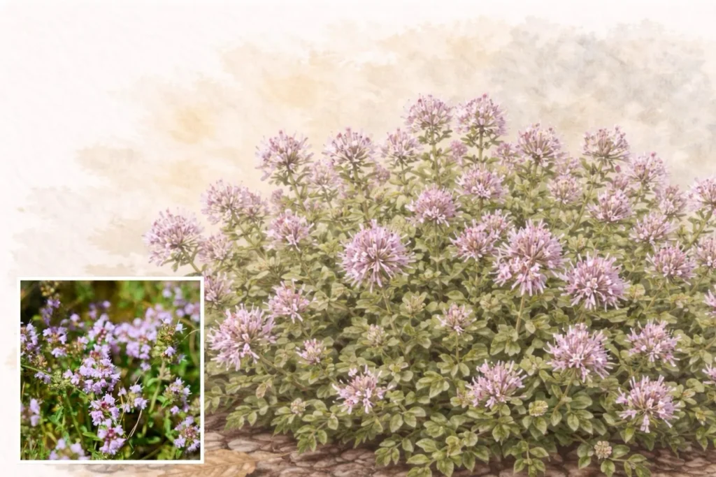 Illustration und Foto von Sand-Thymian (Thymus serpyllum) als kriechender Bodendecker mit rosa Blüten