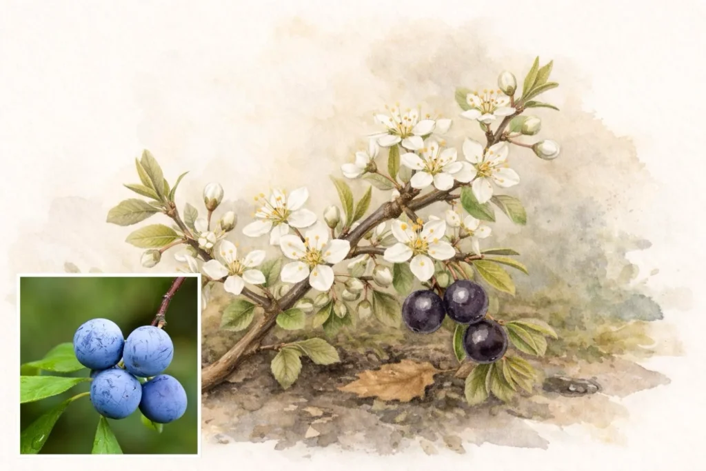 Illustration und Foto der Schlehe (Prunus spinosa) mit weißen Blüten an einem heimischen Strauch