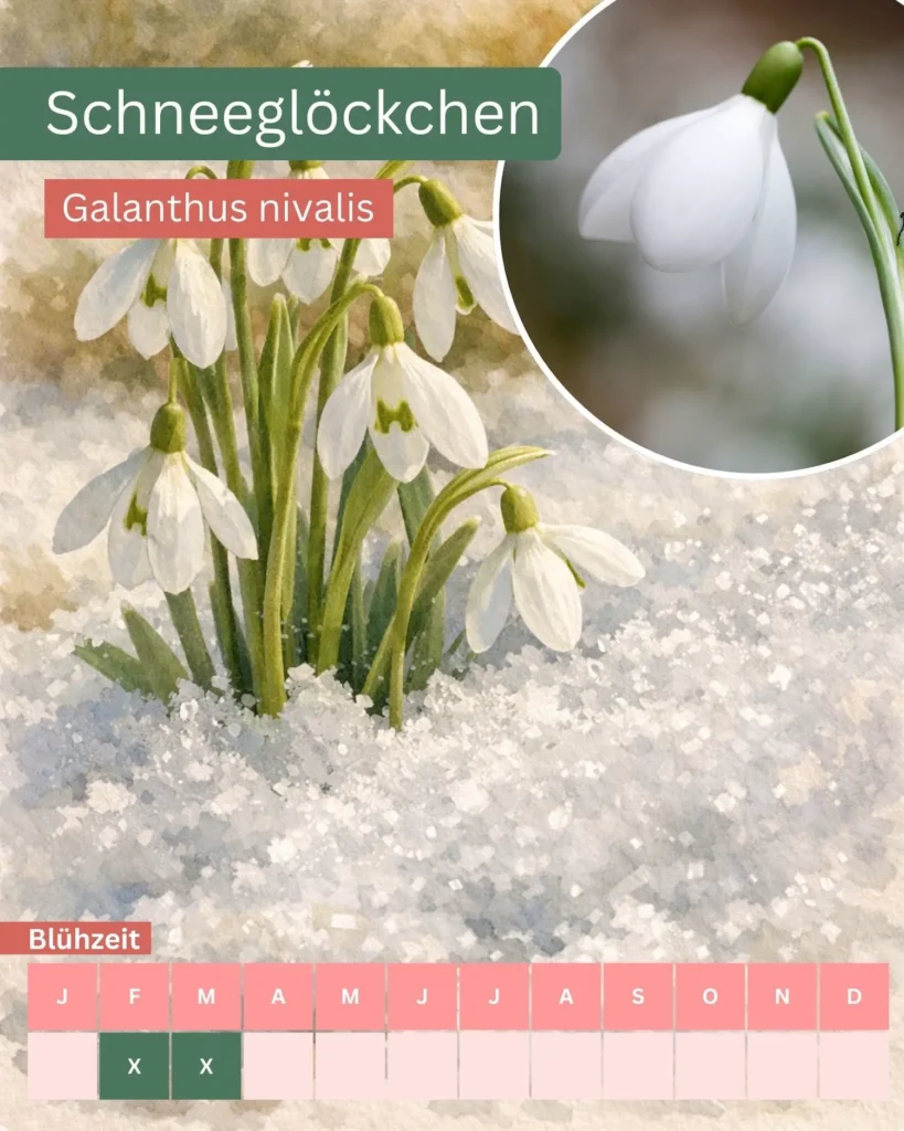 Aquarellillustration von Schneeglöckchen (Galanthus nivalis), frühe Blüten im Schnee als wichtige Nahrungsquelle im Frühjahr