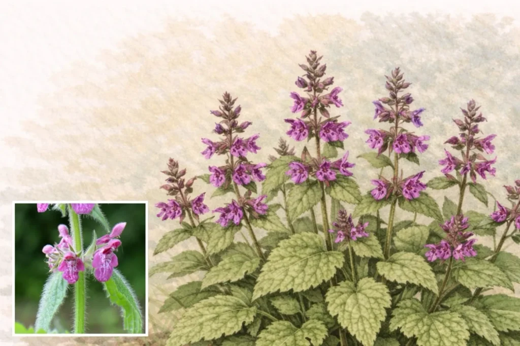 Aquarell-Illustration von Wald-Ziest mit aufrechten Trieben und dunkelvioletten Lippenblüten.