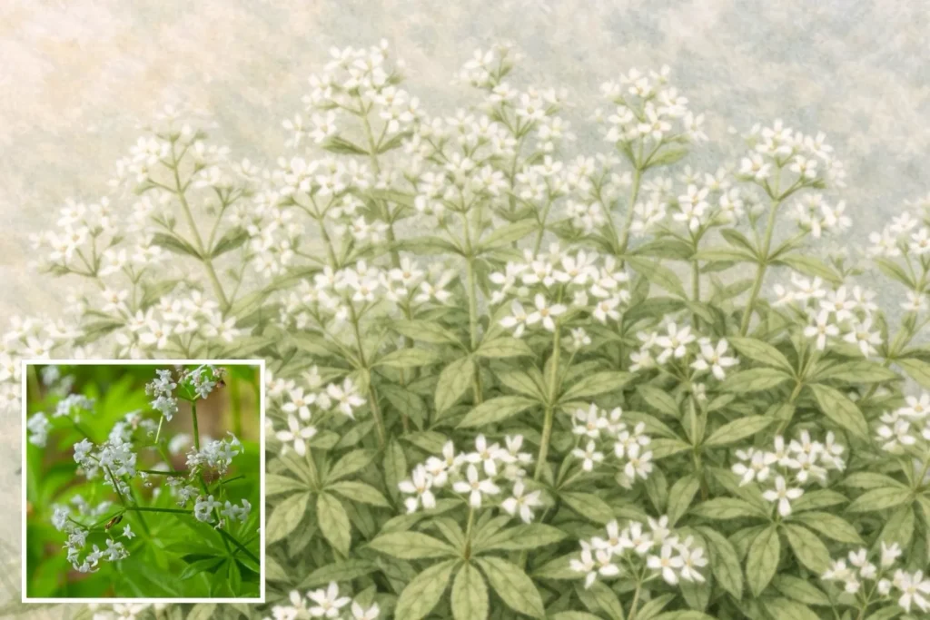 Aquarell-Illustration von Waldmeister mit weißen Blüten und quirlig angeordneten grünen Blättern.