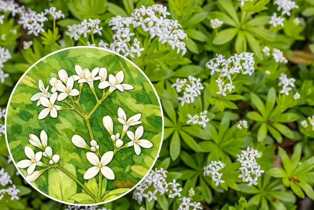 Illustration von Waldmeister (Galium odoratum) mit weißen Blüten in Aquarellstil vor grünem Hintergrund