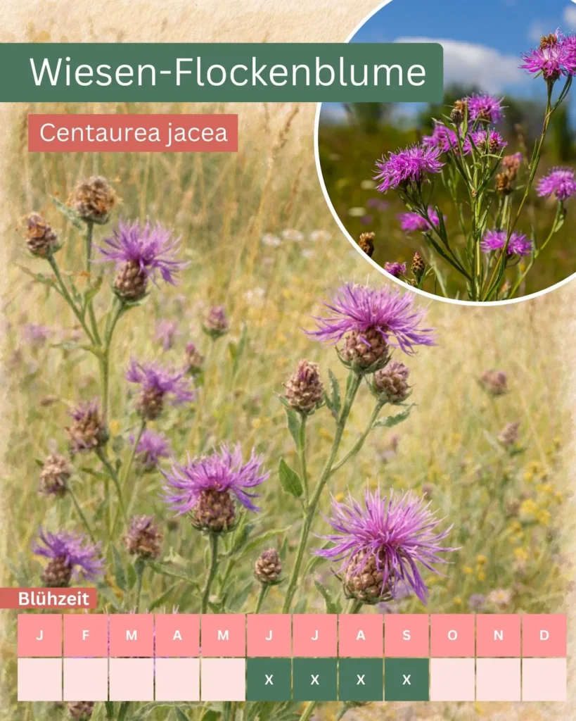 Aquarellillustration der Wiesen-Flockenblume (Centaurea jacea) mit violetten Blüten auf einer artenreichen Wiese