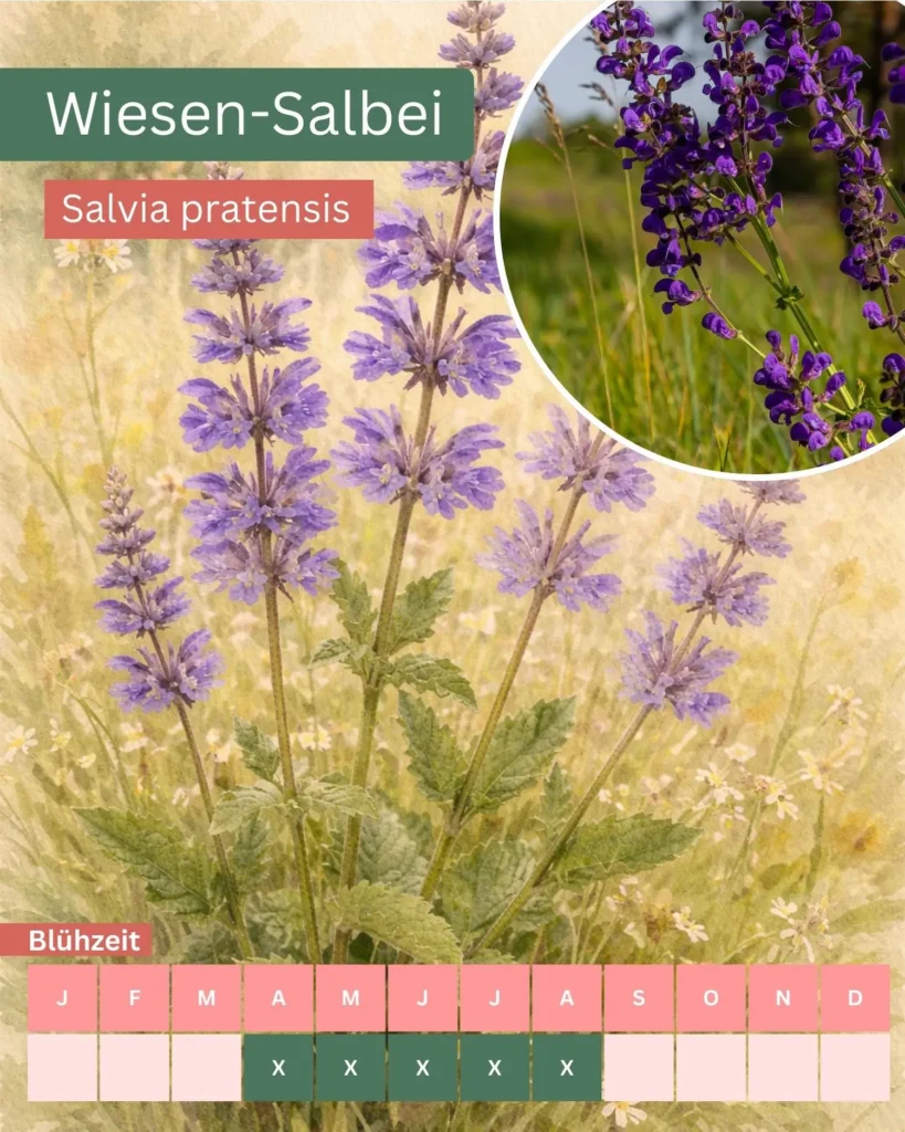 Aquarellillustration von Wiesen-Salbei (Salvia pratensis) mit violetten Blütenständen, spezialisiert auf langrüsselige Wildbienen