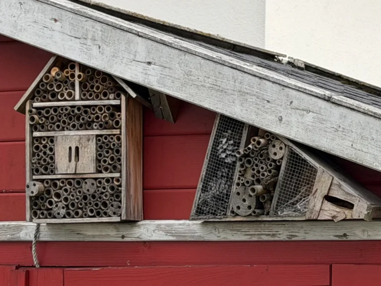 Wie lange halten Nisthilfen wirklich? Verwitterte Wildbienen-Nisthilfe mit alten Niströhrchen und beschädigter Konstruktion an einem Gartenhaus