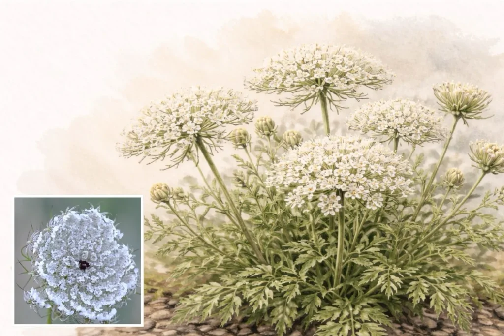 Illustration und Foto der Wilden Möhre (Daucus carota) mit weißen Doldenblüten