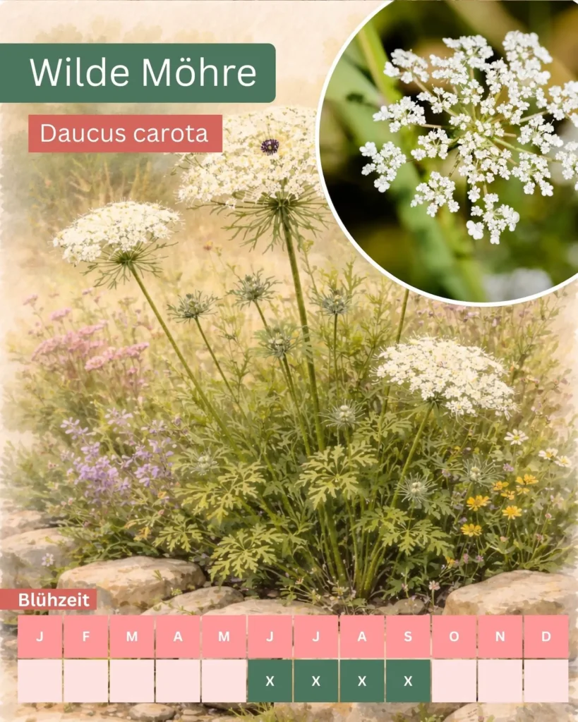 Aquarellillustration der Wilden Möhre (Daucus carota) mit weißen Blütendolden und dunkler Scheinblüte in einem naturnahen Beet