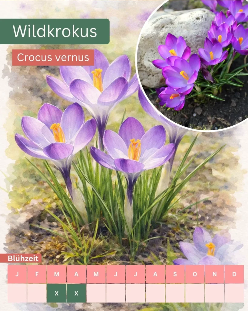 Aquarellillustration des Wildkrokus (Crocus vernus) mit violetten Blüten, wichtige Frühjahrsnahrung für erste Insekten