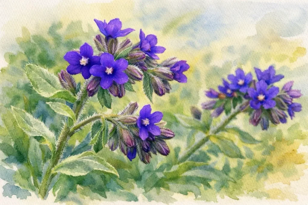Aquarell-Illustration der Gewöhnlichen Ochsenzunge (Anchusa officinalis) mit leuchtend blau-violettfarbenen Blüten in natürlicher Wiesenumgebung