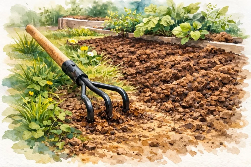 Handkultivator lockert frisch vorbereiteten Gartenboden neben einem Hochbeet