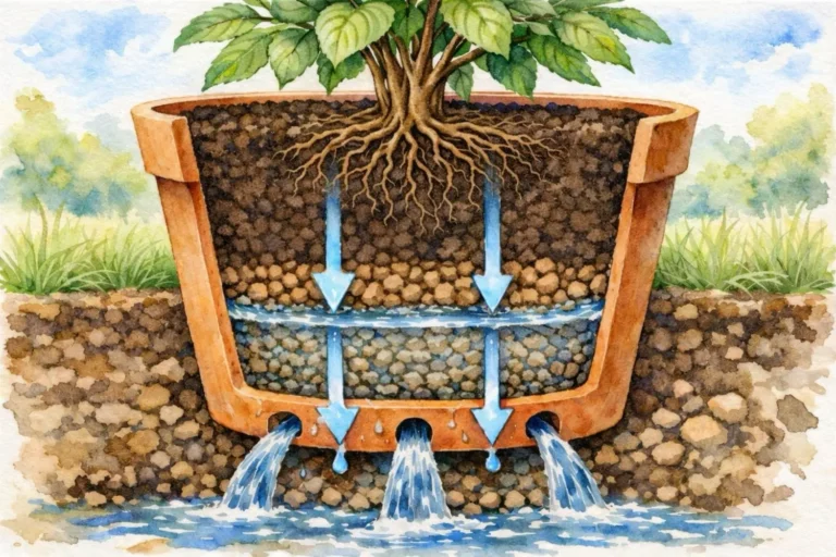 Blähton – das vielseitige Tongranulat für Drainage, Hydrokultur und gesunde Pflanzen Querschnitt eines Blumentopfs mit Blähton-Drainageschicht, die überschüssiges Wasser ableitet und Staunässe verhindert