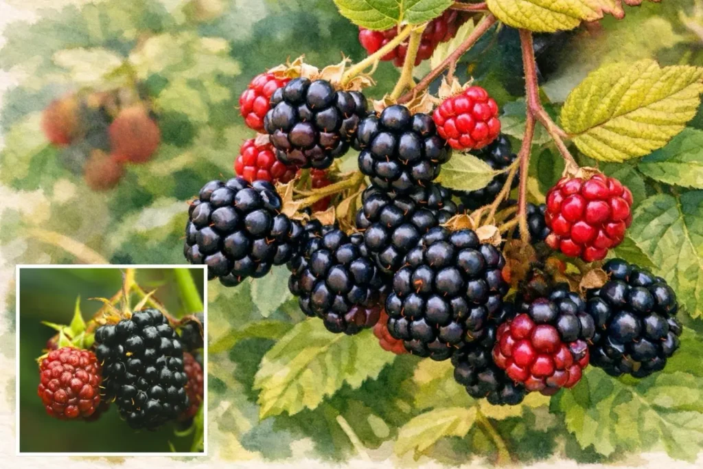 Schwarze und rote Brombeeren am Zweig – robuste Naschpflanze mit hohem Wert für Wildbienen