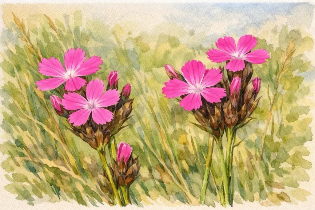 Kartäusernelke (Dianthus carthusianorum) mit pinken Blütenköpfen als Aquarell in magerer Wiesenvegetation