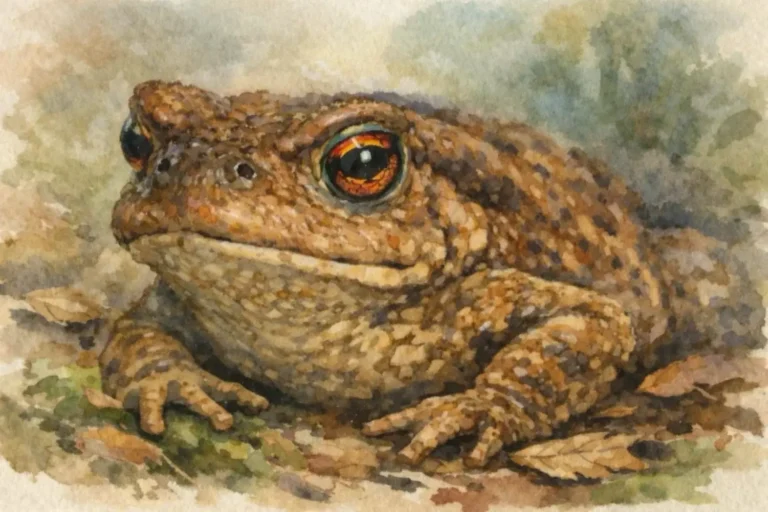 10 faszinierende Fakten über die Erdkröte Aquarell-Illustration einer Erdkröte mit kupferfarbenem Auge auf Waldboden im Naturgarten