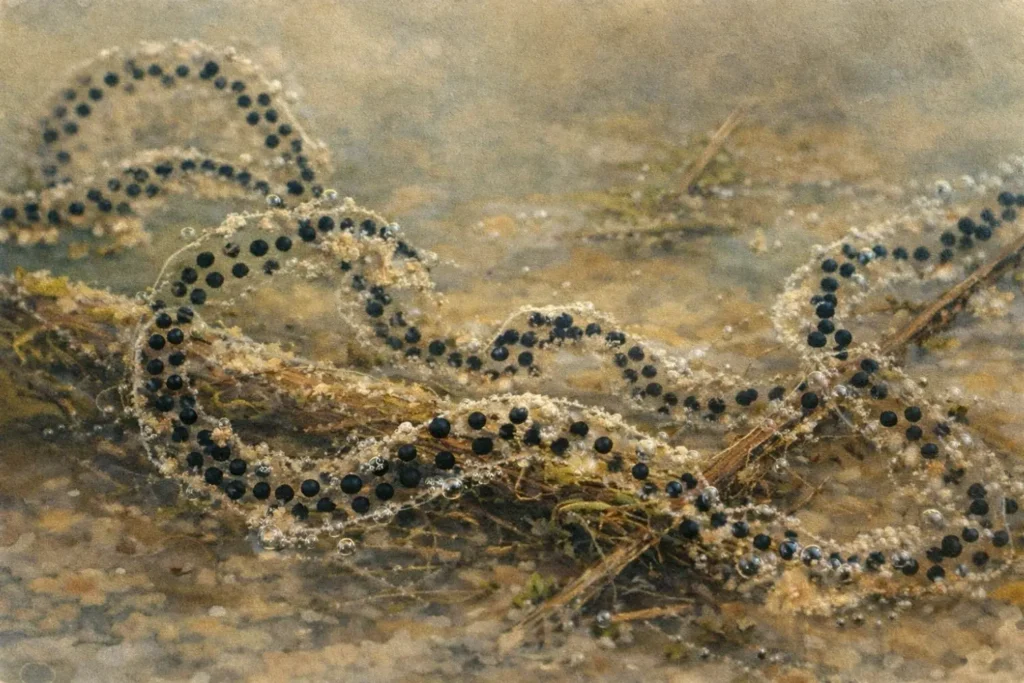 Gallertartige Laichschnur der Erdkröte mit schwarzen Eiern im flachen Wasser