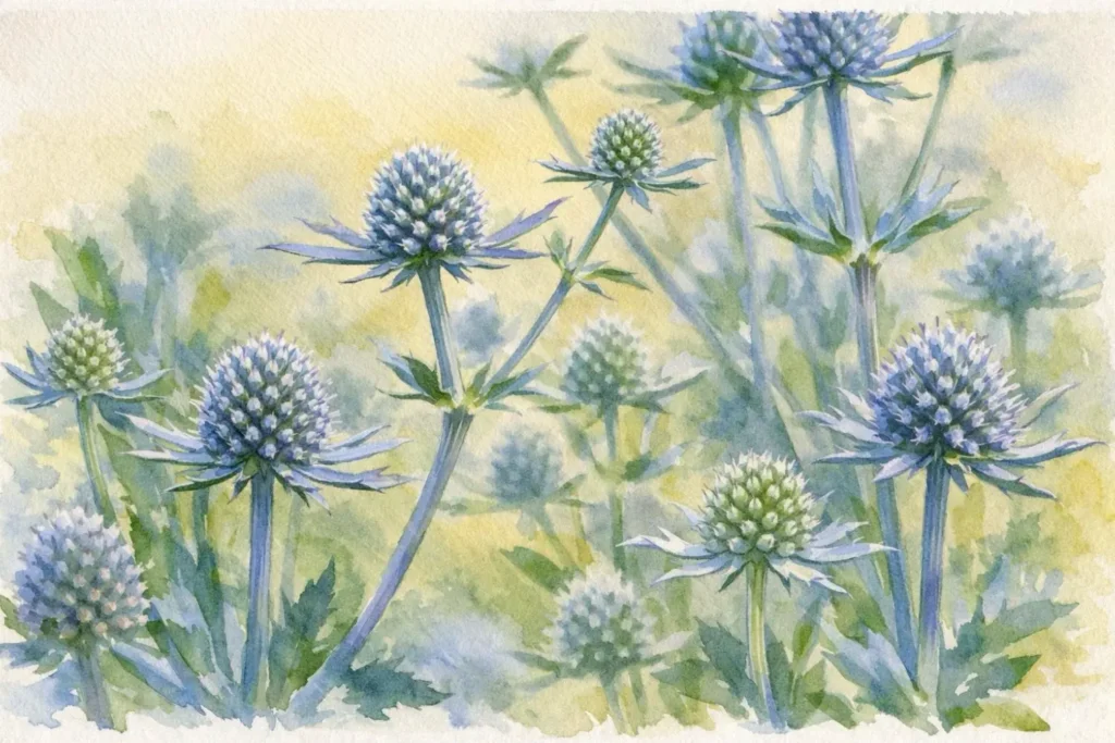 Flachblatt-Mannstreu (Eryngium planum) mit blau schimmernden Blütenständen im Aquarellstil