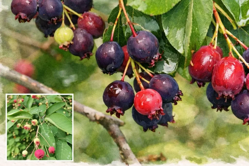 Reife dunkle Früchte der Felsenbirne am Zweig – heimisches Vogelnähr- und Bienengehölz