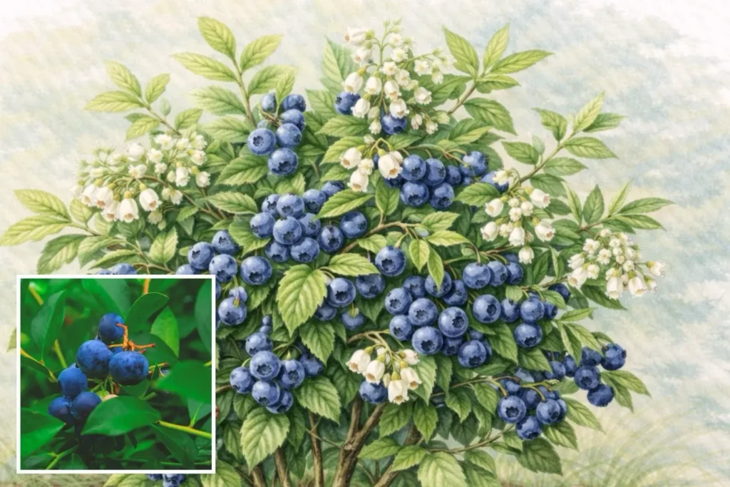 Heidelbeerstrauch mit blauen Beeren und weißen Blüten – saure Beerenpflanze für bienenfreundlichen Garten