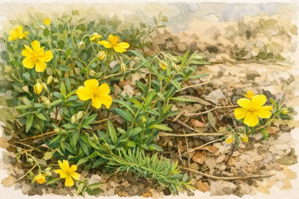 Gelbes Sonnenröschen (Helianthemum nummularium) mit gelben Blüten als Illustration für Bepflanzung im Sandarium