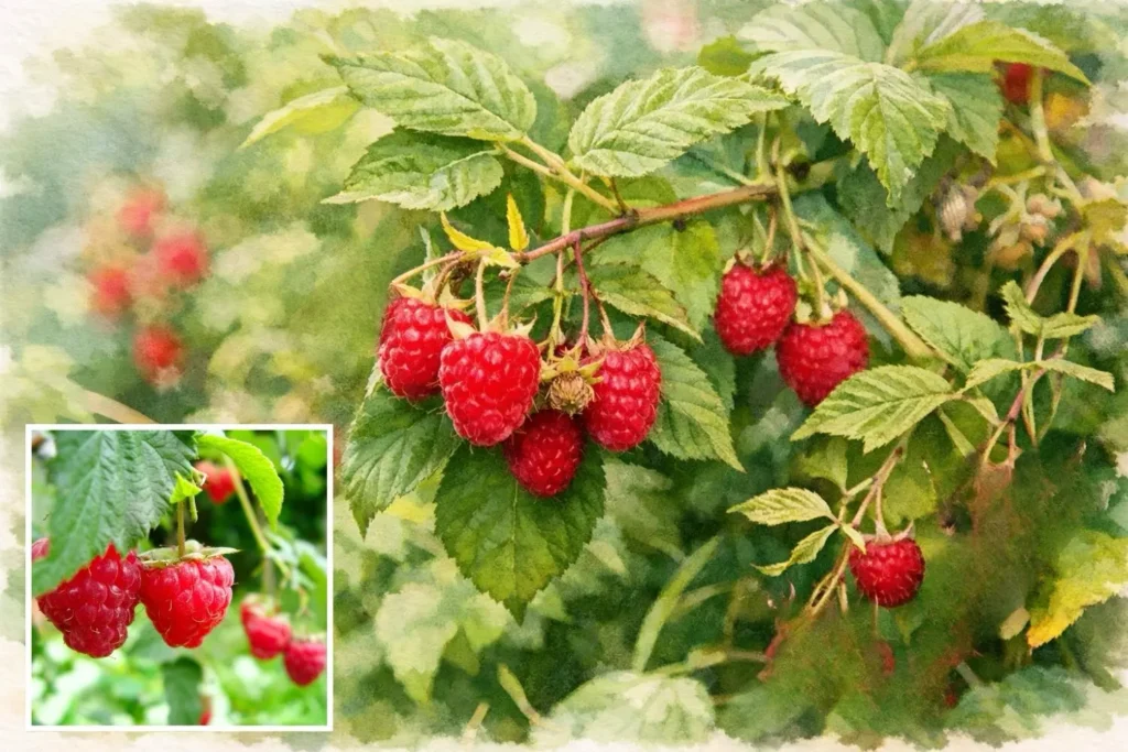 Reife rote Himbeeren am Strauch zwischen grünen Blättern – ideale Naschpflanze für Wildbienen