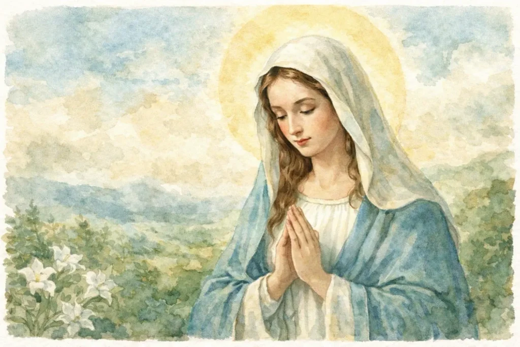 Illustration der Jungfrau Maria mit Heiligenschein als Namensursprung des Marienkäfers