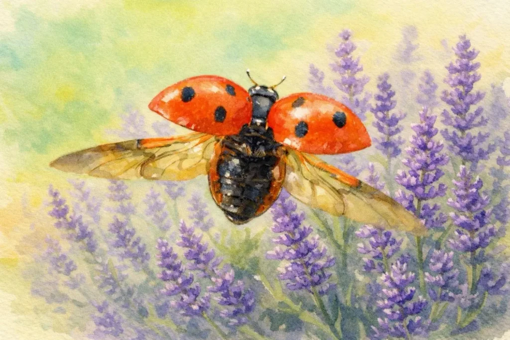 Marienkäfer im Flug mit geöffneten Flügeln über violetten Blüten