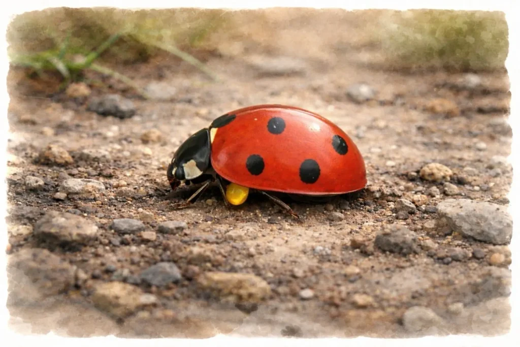 Marienkäfer sondert gelbes Abwehrsekret als Schutzreaktion ab (Illustration)
