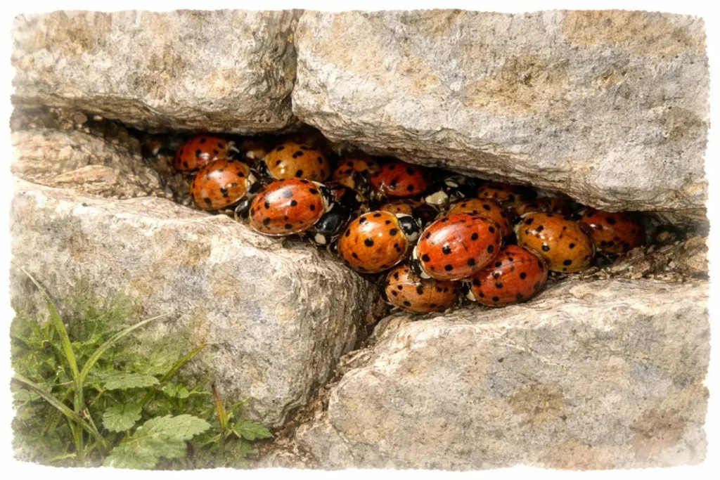 Gruppe von Marienkäfern überwintert gemeinsam in Mauerspalte (Illustration)