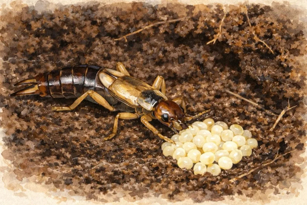 Weiblicher Ohrwurm bei der Brutpflege an einem Gelege im Boden – seltene Fürsorge bei Insekten
