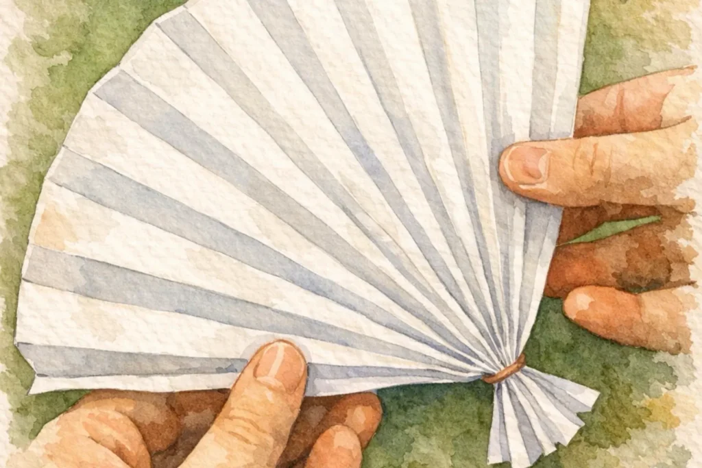 Papierfächer als Vergleich zum Origami-Faltmechanismus der Ohrwurmflügel