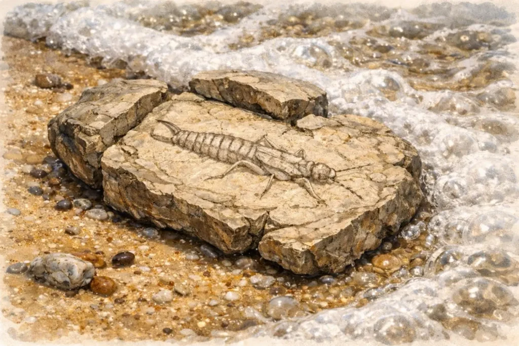 Fossiler Abdruck eines Ohrwurms in aufgebrochenem Stein – Hinweis auf die uralte Entwicklungsgeschichte