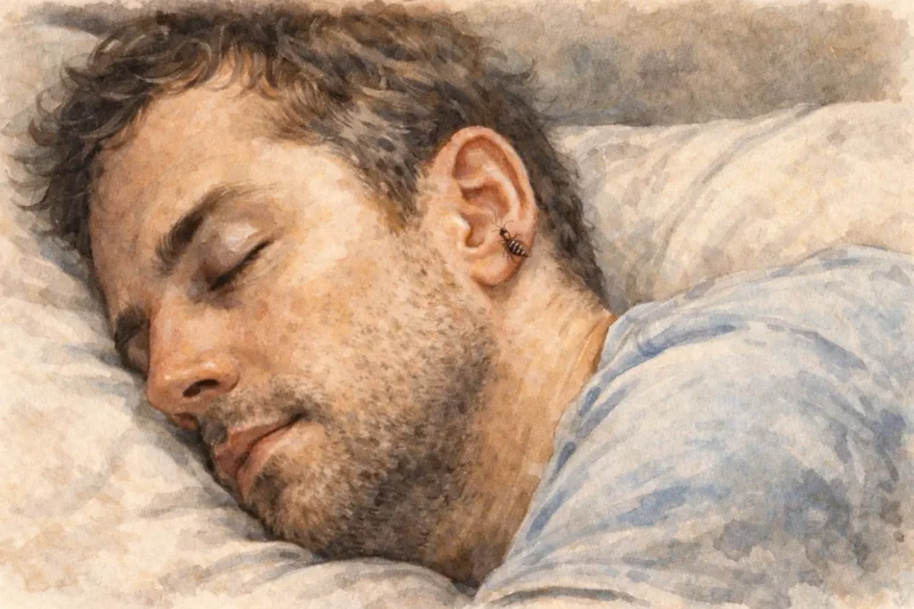 Kleiner Ohrwurm sitzt auf dem Ohr eines schlafenden Mannes – Illustration zum Mythos, Ohrwürmer würden ins Ohr kriechen