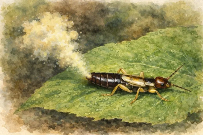 Ohrwurm auf einem Blatt mit sichtbarer Duftwolke aus der Stinkdrüse als Abwehr gegen Fressfeinde
