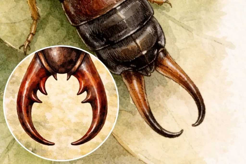 Nahaufnahme der Zangen eines Ohrwurms – Unterscheidung von Männchen und Weibchen anhand der Form