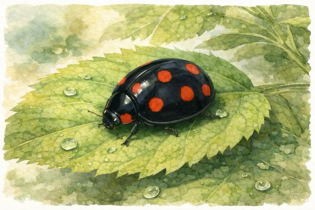 Illustration: schwarzer Marienkäfer mit roten Punkten sitzt auf grünem Blatt mit Tautropfen