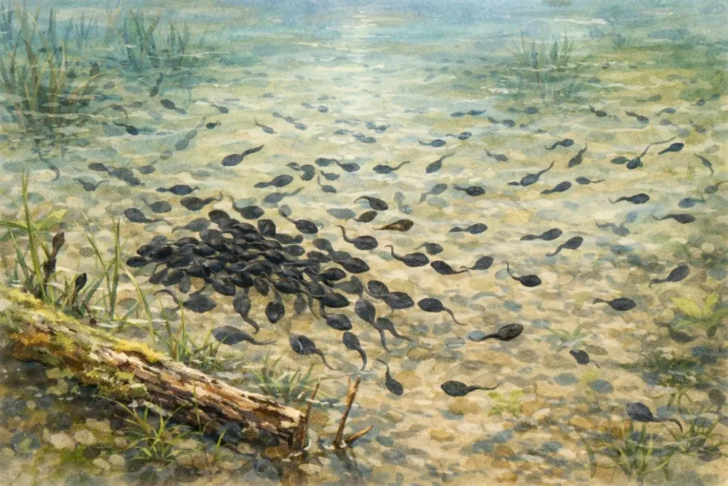 Viele Kaulquappen schwimmen im flachen Gewässer