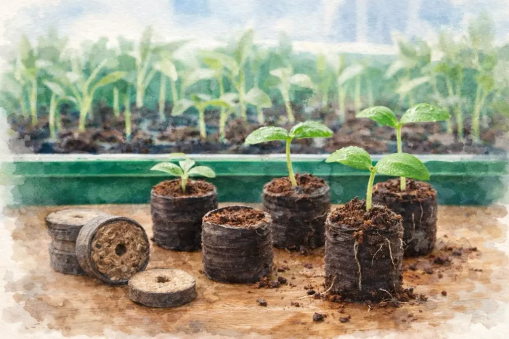 Junge Keimlinge wachsen in Kokos-Quelltabletten auf einem Holztisch vor einer Anzuchtschale