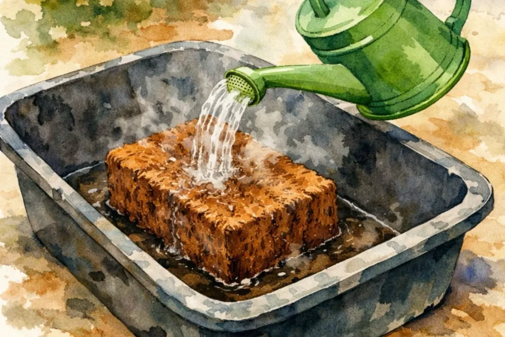 Kokoserde-Block in einer Wanne wird mit warmen Wasser aus einer Gießkanne befeuchtet