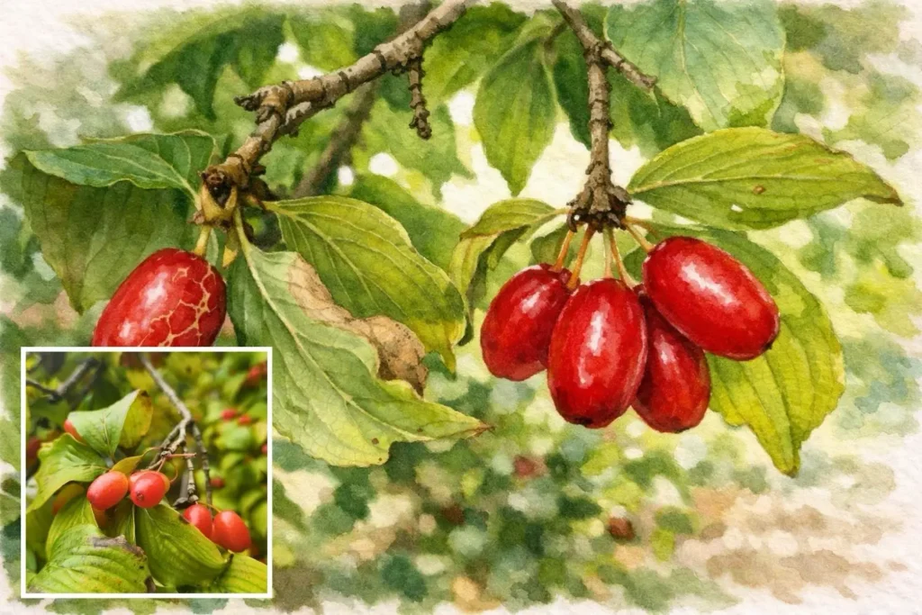 Rote Früchte der Kornelkirsche (Cornus mas) am Zweig – frühe Bienenweide und essbare Wildfrucht