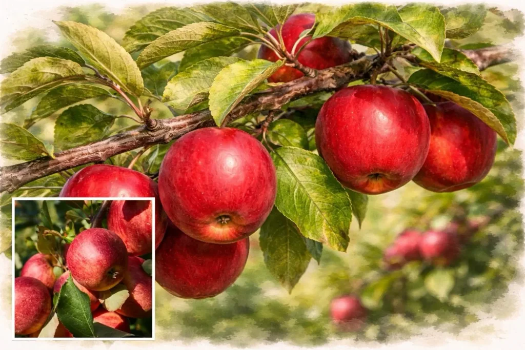 Rote Kulturäpfel am Ast eines Apfelbaums – wichtige Blüh- und Naschpflanze für Bestäuber